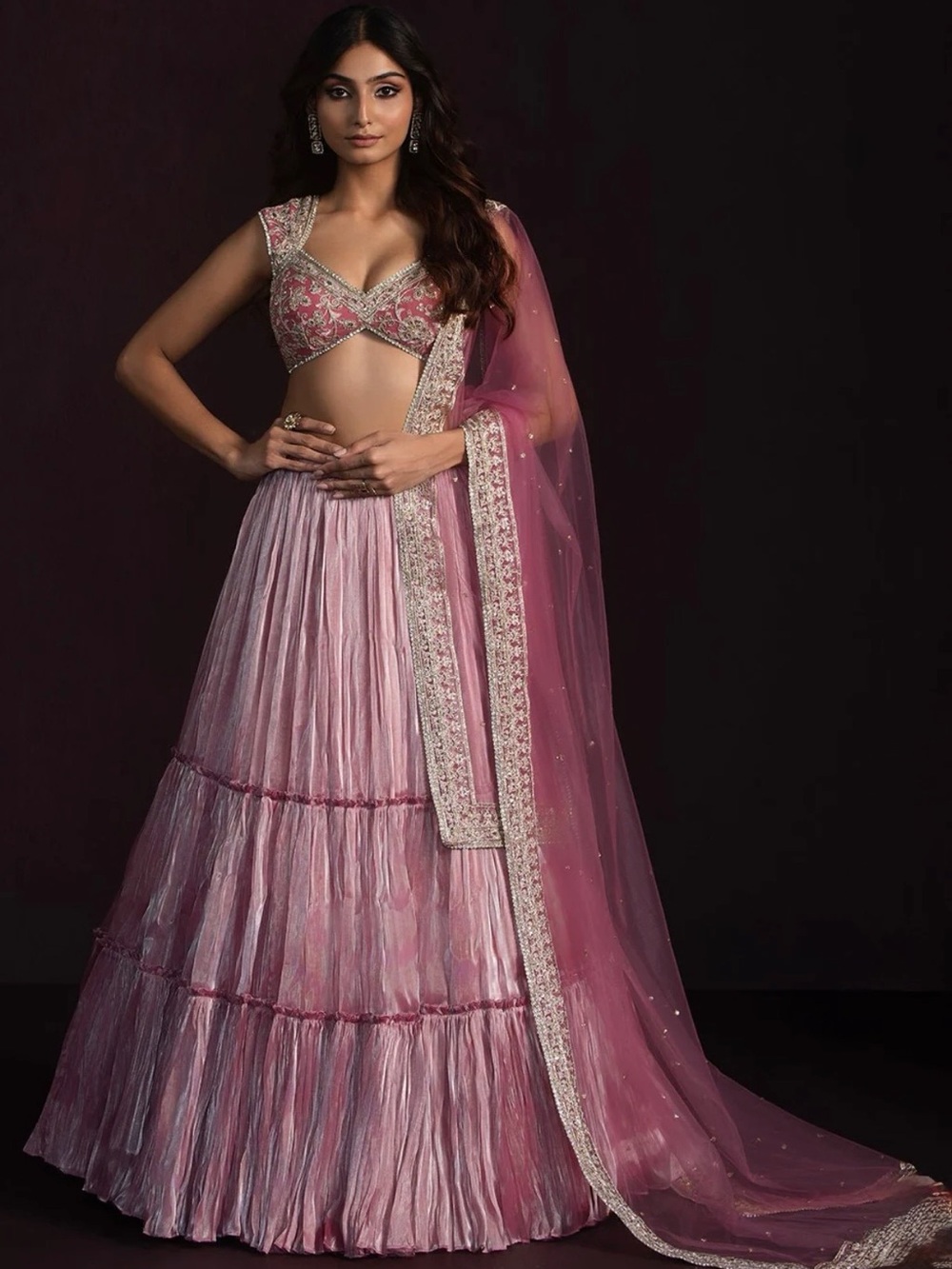 Lashkaraa Pink Embroidered A-Line Lehenga with Sheer Dupatta
